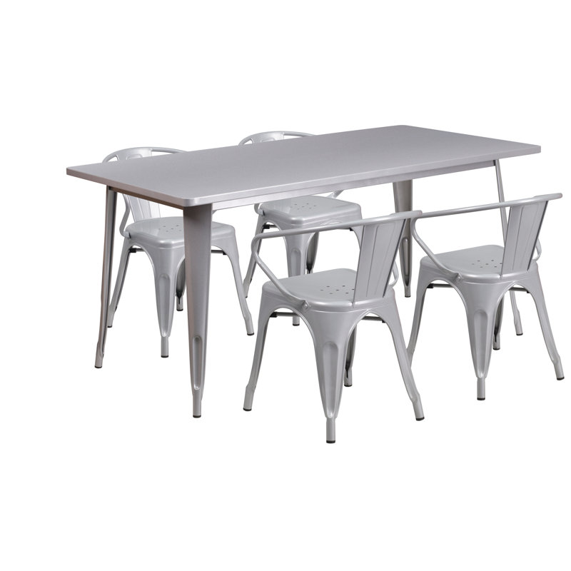 Lubron 31.5'' x 63'' Rectangular Metal Indoor-Outdoor Table Set with 4 Arm Chairs, Silver, 7