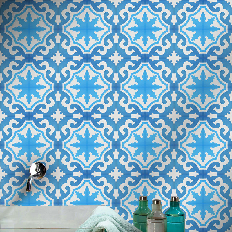Tanger 8" x 8" Cement Patterned Wall & Floor Tile, Blue/Light Blue
