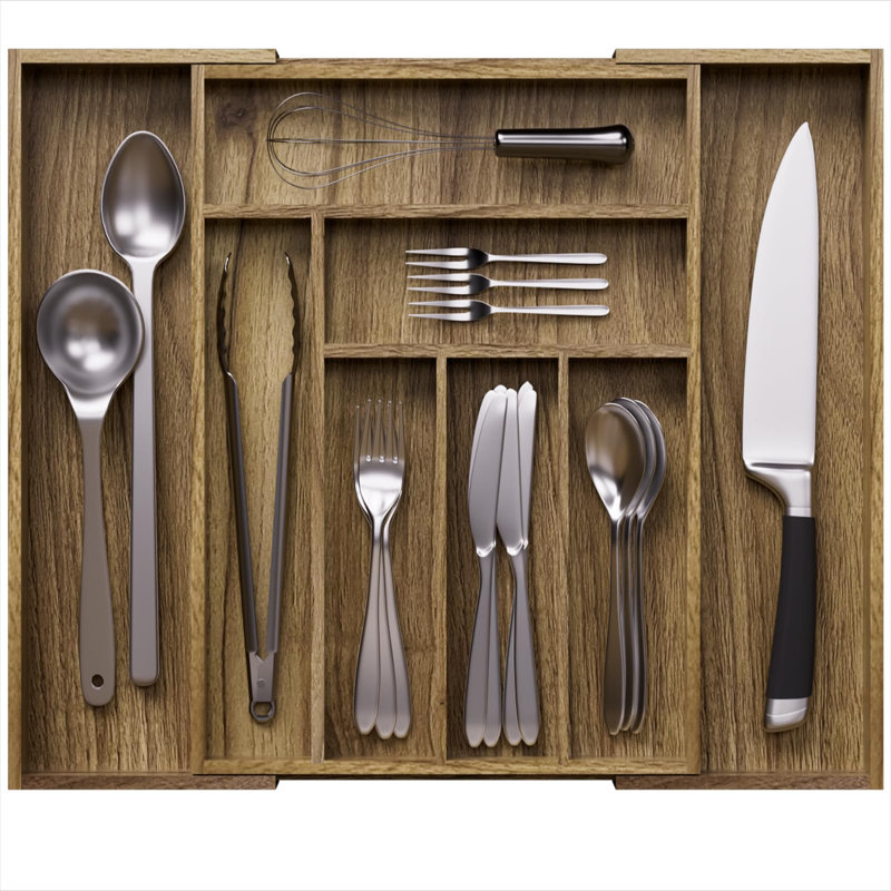 Rangement de tiroir en argent pour ustensiles de cuisine en bois, organisateur de tiroir à ustensiles extensible avec diviseurs, plateau à ustensiles pour cuillère, fourchette, 13 à 21 po x 16,9 po (6 à 8 fentes)