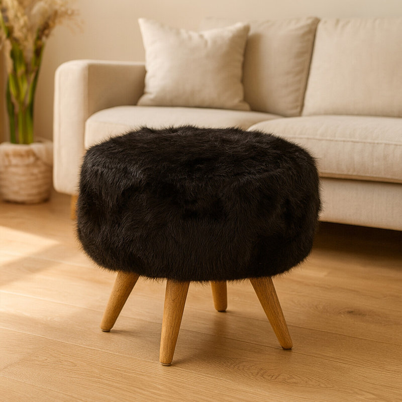 Mariam 41cm Wide Round Solid Colour Standard Ottoman, Black
