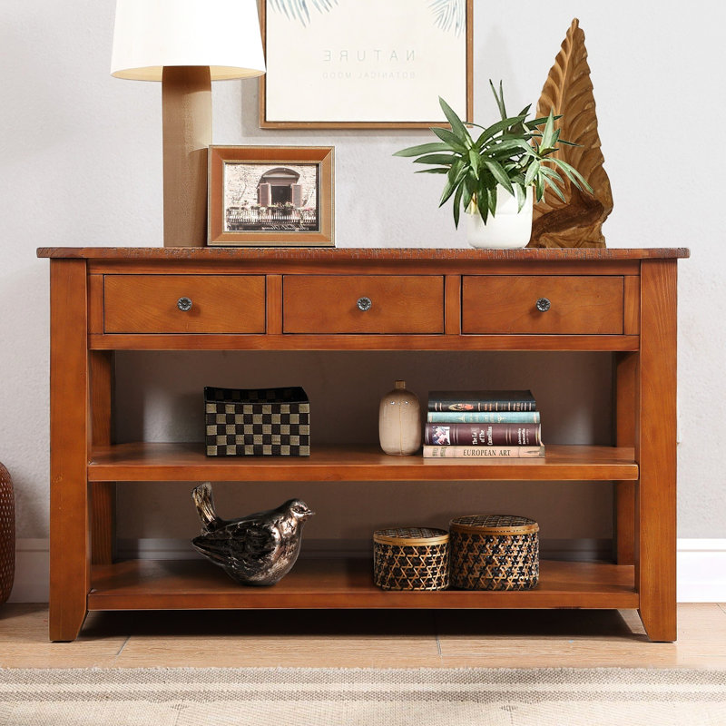 Console 48,27 po en pin, 3 tiroirs, 2 tablettes, style américain, pieds robustes, espace multifonctionnel, poignées rétro en métal brun pour vestibule, haute résistance,