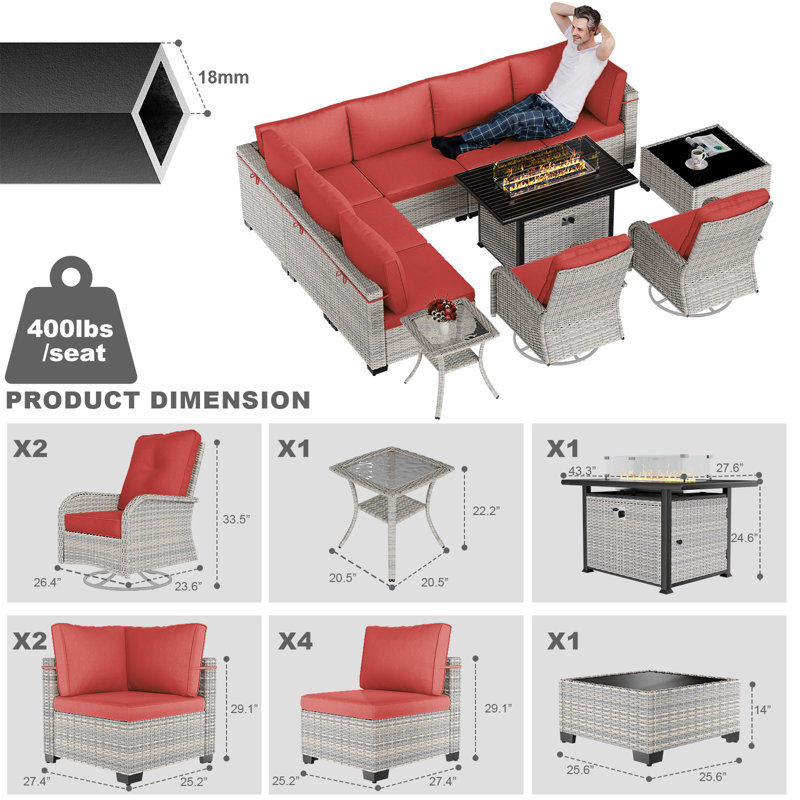 11-Piece Patio Furniture Set, Outdoor Patio Furniture with 55,000 BTU Fire Pit Table, Swivel Chairs Set, Thick Cushions, Modular Patio Sofa, Dual-Strand Wicker Rattan, Rust-Resistant Frame