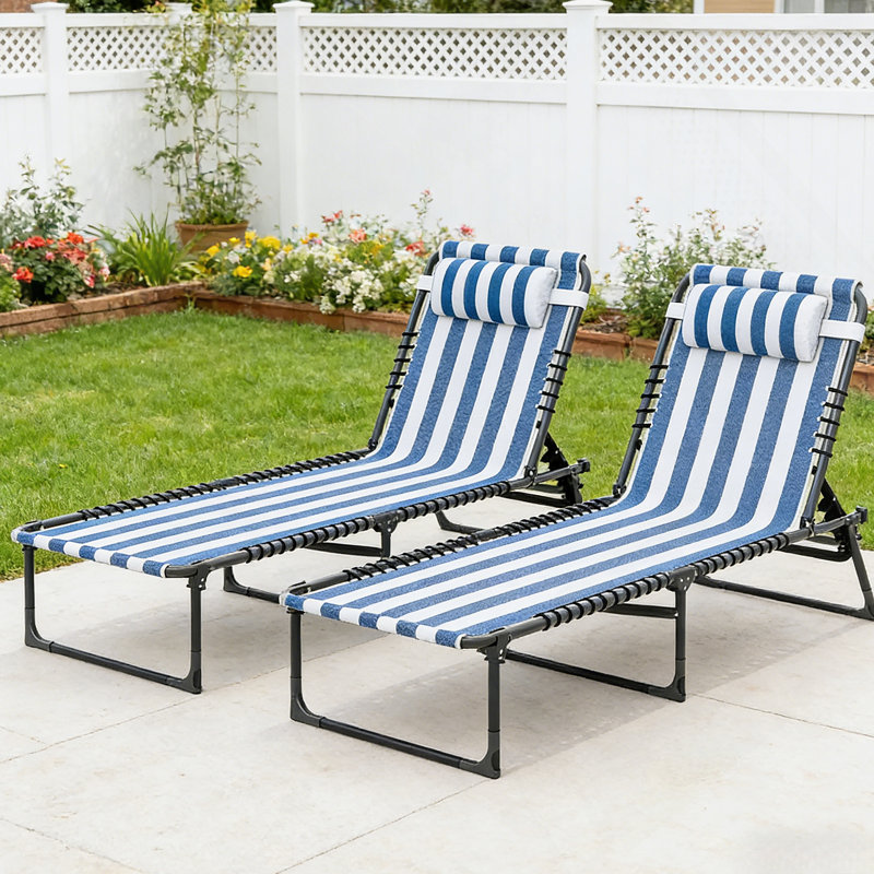 Chaise longue d'extérieur pliante 2 pièces, Blanc / bleu / noir