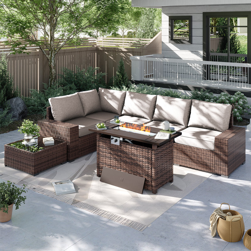 Ensemble de meubles de patio 7 pièces avec foyer au gaz propane de 44 po, ensemble de conversation pour jardin, patio, cour arrière