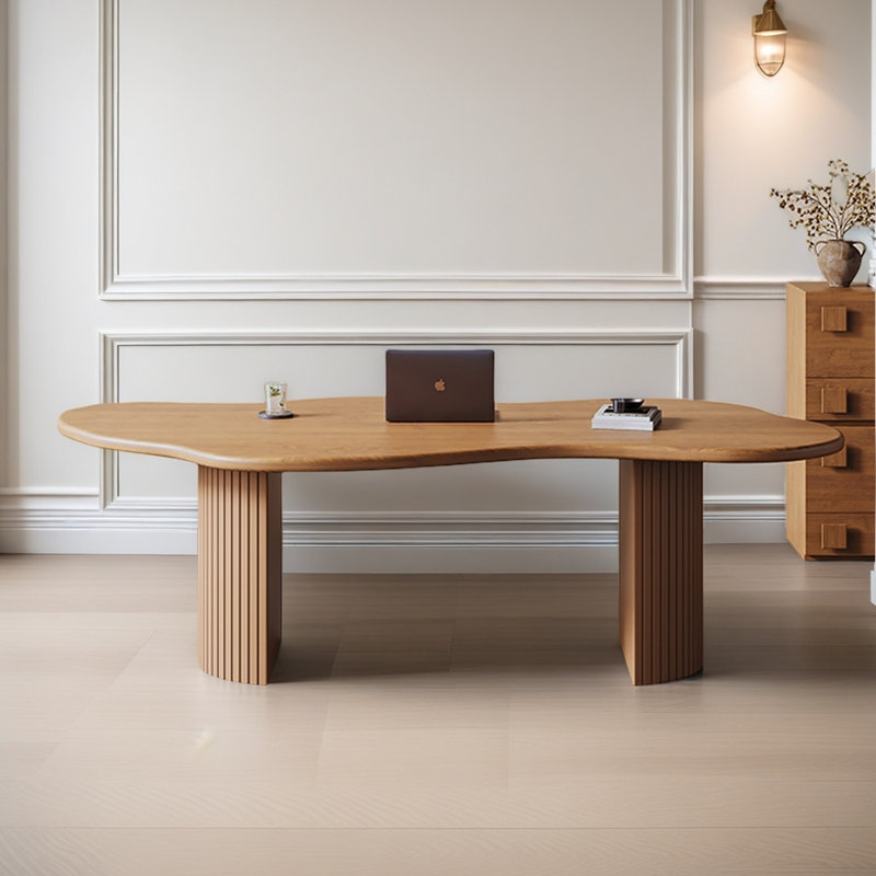 Modern minimalist style irregular solid wood desk, Brown, 29.53" H x 70.87" W x 31.5" D