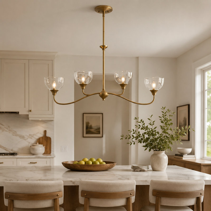 4-Light Linear Dimmable Chandelier, Antique Brass