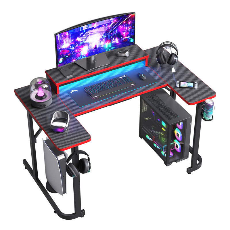 Monike 51“/59” U-Shaped Computer Desks with LED Lights, Gaming Desks with Monitor Stand, Headphone Hook and Cup Holder