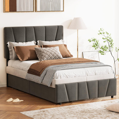 Bed Frame with Adjustable Headboard and 2 Storage Drawers, Soft Upholstered Twin Platform Bed Frames with Wooden Slats Support