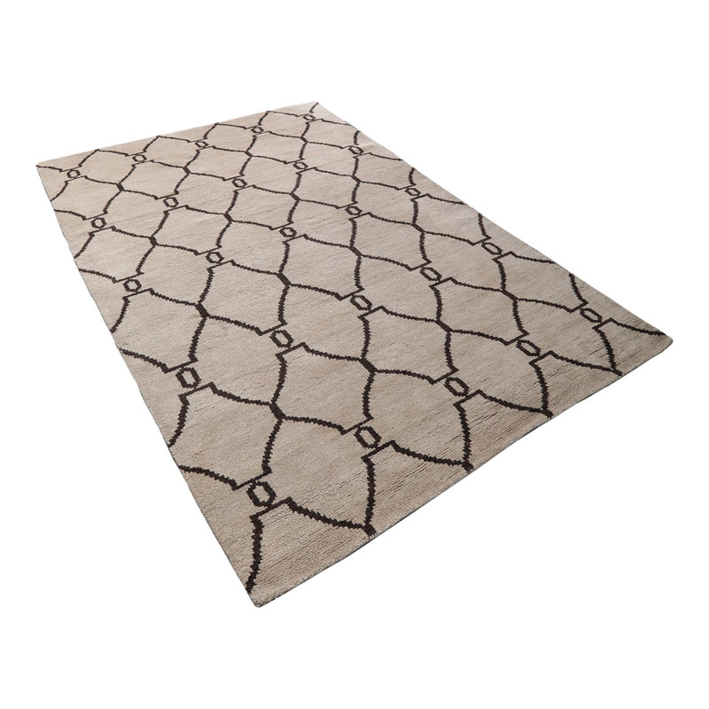 Tapis d'intérieur rectangulaire en laine beige et marron, fait main, à motifs géométriques et noué à la main