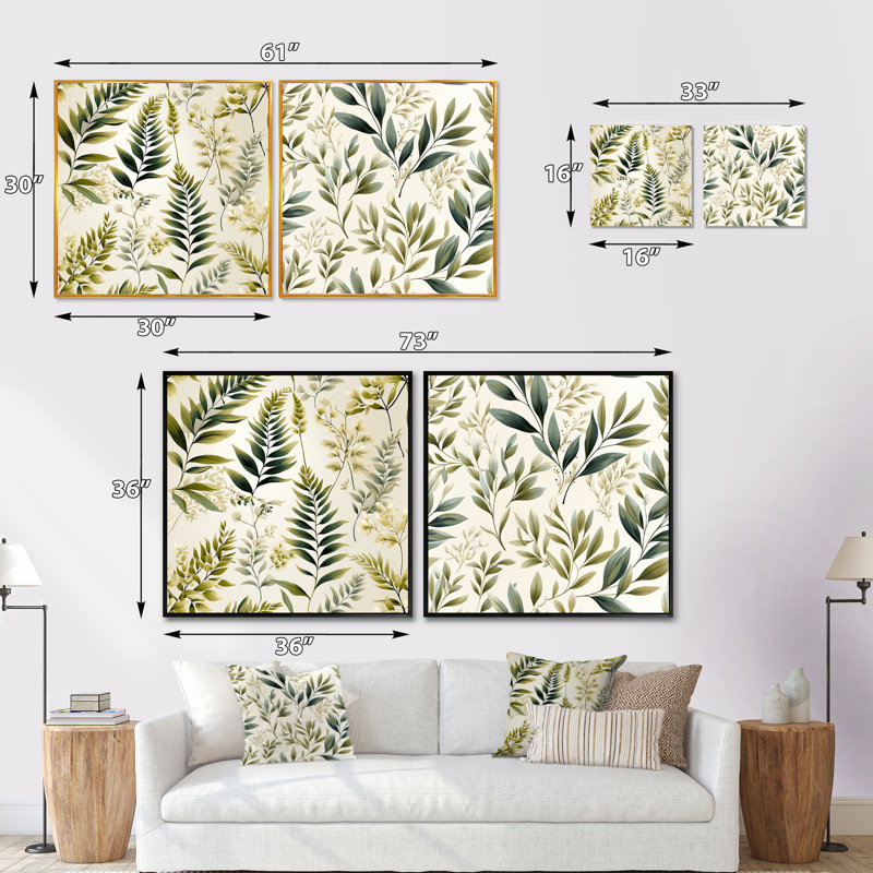 Tranquil Ferns III - ensemble de 2 collages floraux carrés, Toile tendue, H 30 po x l 61 po