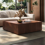Wood Square Coffee Table with Storage Drawers for Living Room & Home Office