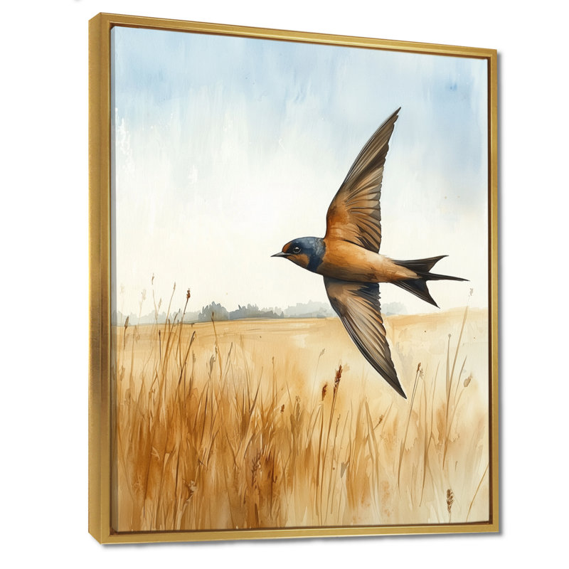 Bird Swallow Over The Fields II - Bird, art mural encadré, H 32 po x l 16 po, Reproduction avec cadre flottant, Doré