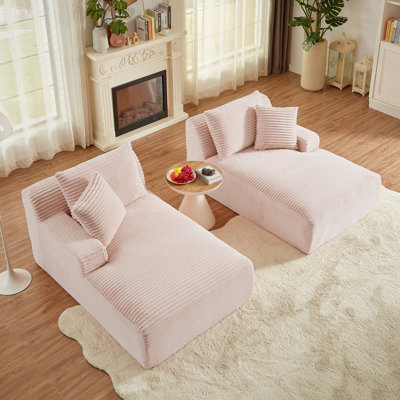 Chaise longue double compressible en velours côtelé rose à 2 places avec rembourrage à ressort pour le salon