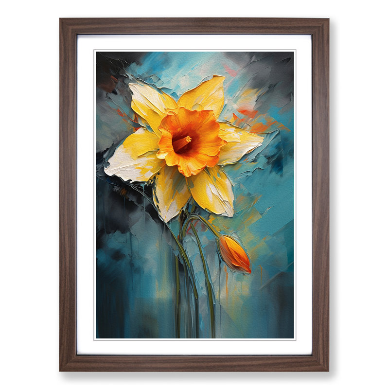 Daffodil Flower Expressionism No.2 - Single Picture Frame Print on Wood, Walnut Framed, 64cm H x 46cm W