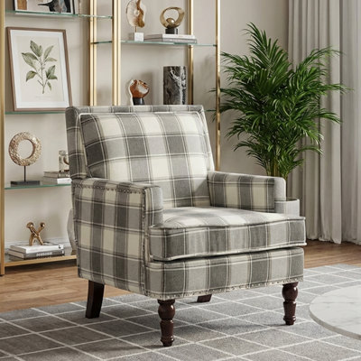 Grey Plaid Cotton Blend Accent Chair with Nailhead Trim Armchair for Living Room Bedroom