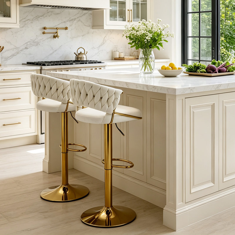 Christal Swivel Upholstered Adjustable Height Counter Stool, Ivory, Gold
