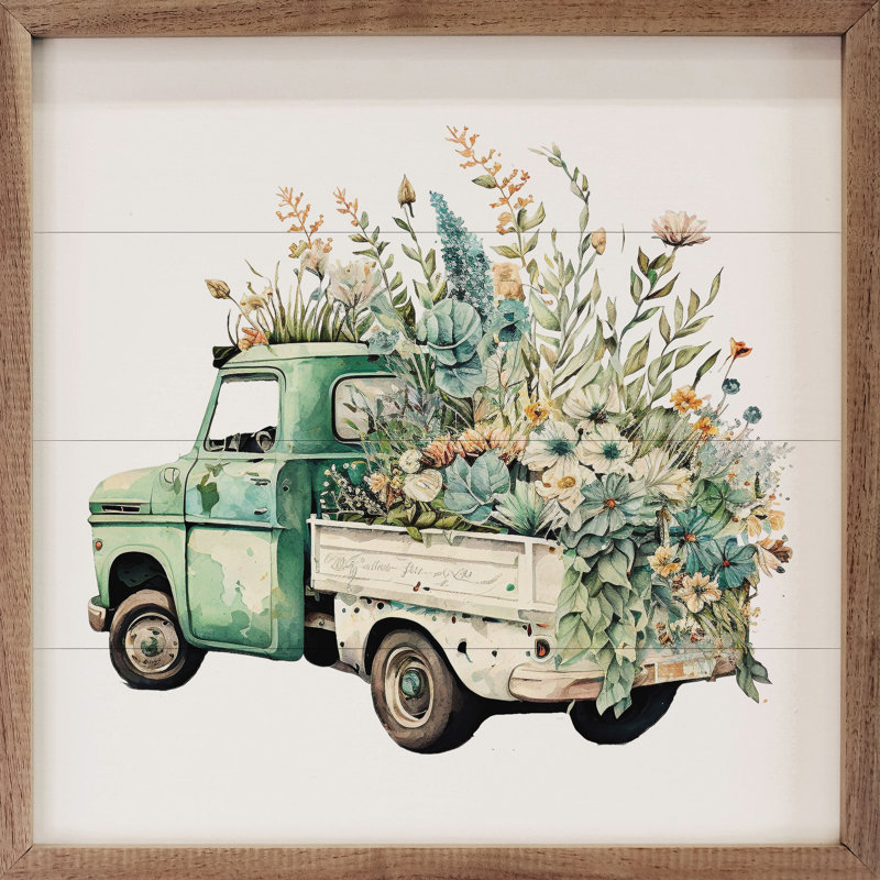 Camion vert avec boîte blanche en fleurs vue de dos, H 12 po x l 12 po