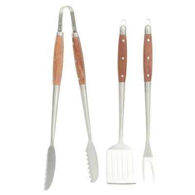 Sur La Table Kitchen Essentials Family Cookout Heavy Duty Stainless Steel Grilling Tool Set W/ Wooden Handles, Tongs, Slotted Turner, and Fork Set