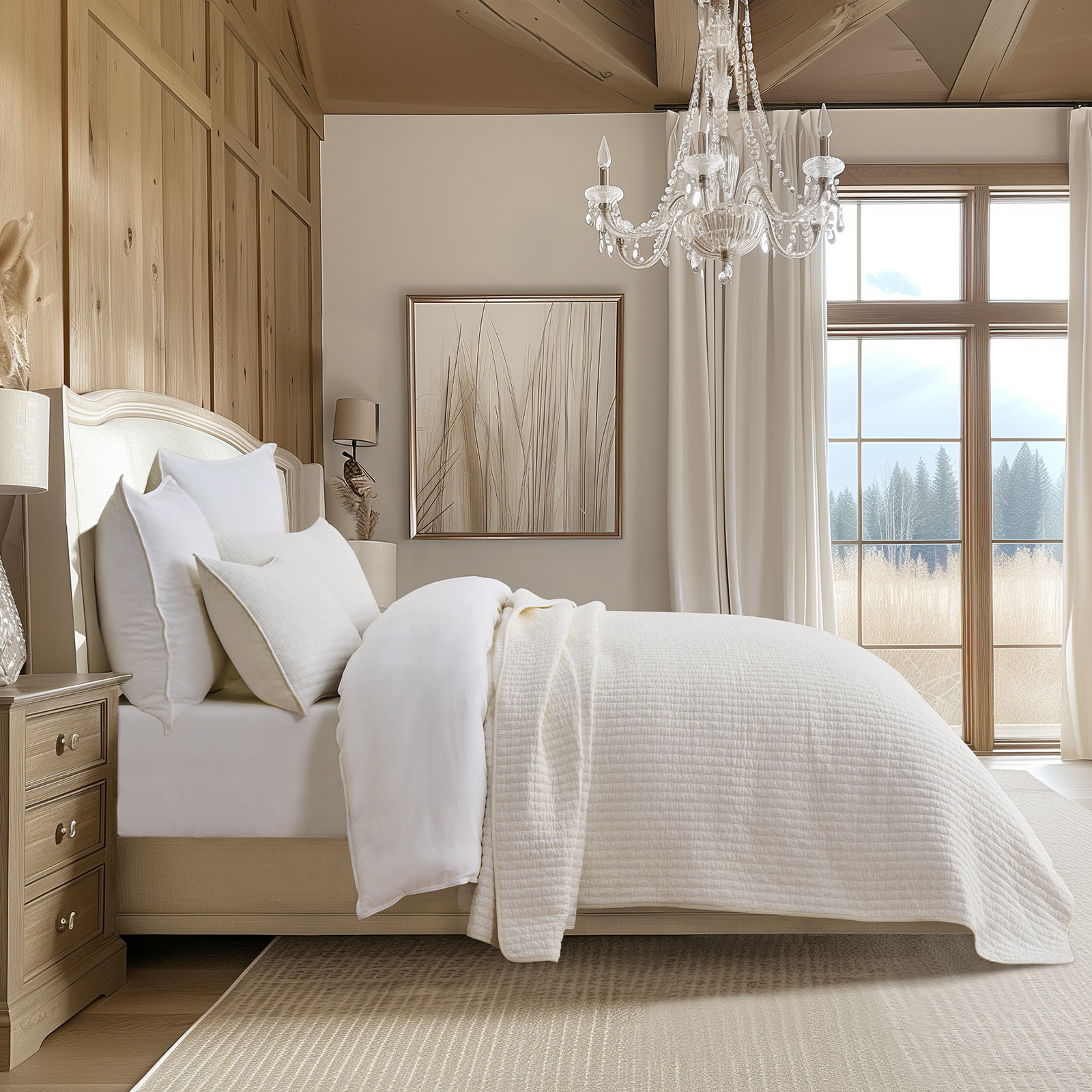 Cross Stitch Cotton Quilt set, Ivory White, Queen