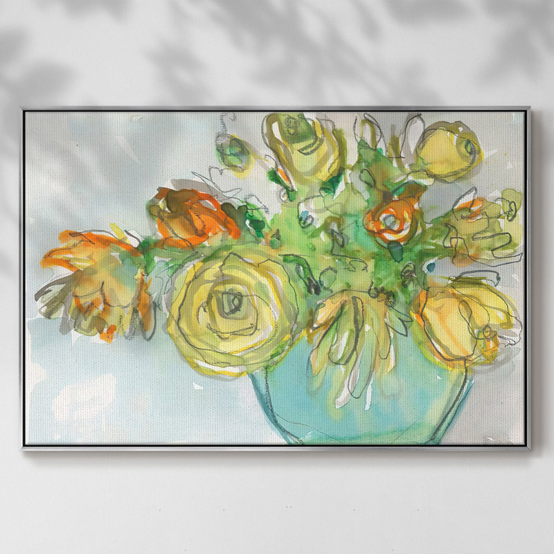 Accent floral printanier I, H 17 po x l 25 po x P 2 po, Toile avec cadre argenté
