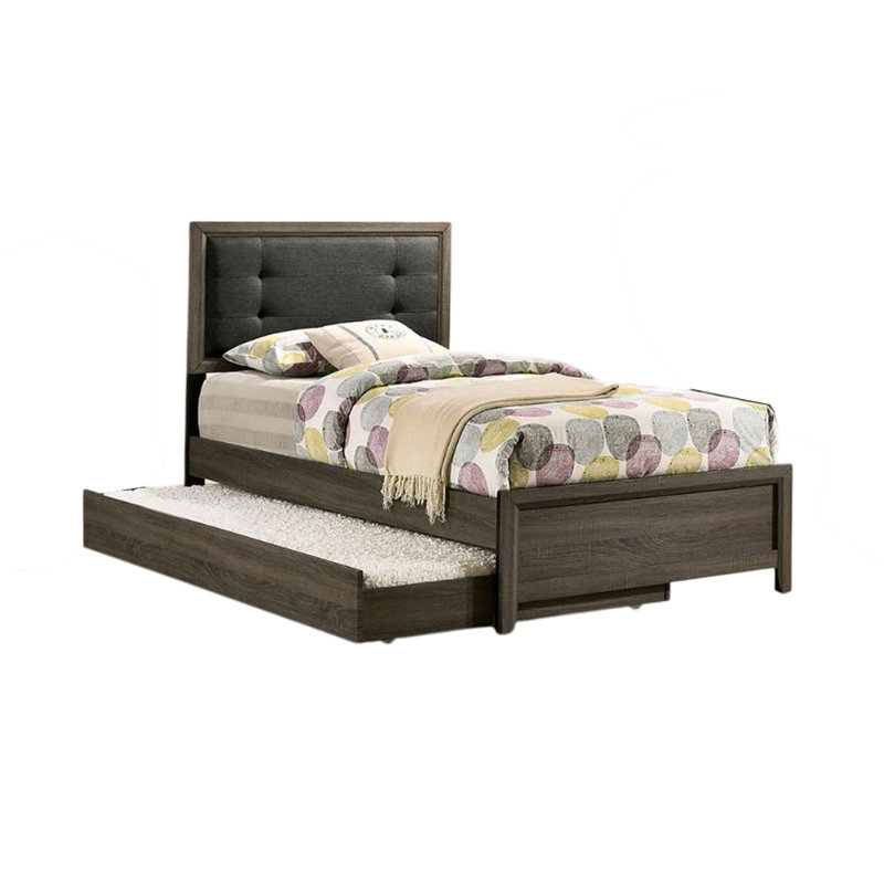 Lit Meli, revêtement en tissu touffeté, bois massif gris foncé, Complète