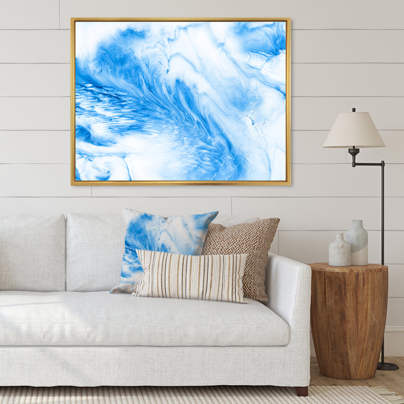 Vagues bleues et blanches V - peinture sur toile, H 34 po x l 44 po x P 1,5 po, Cadre flottant doré