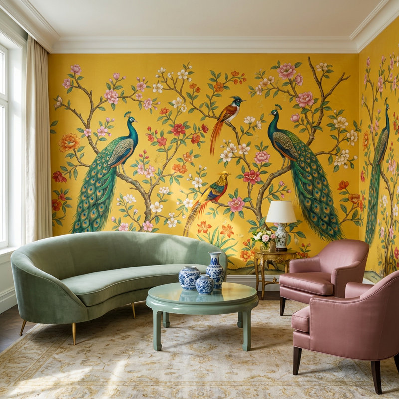 Peacocks Wallpaper Floral Birds Wall Mural, 160"x108", Peel and Stick