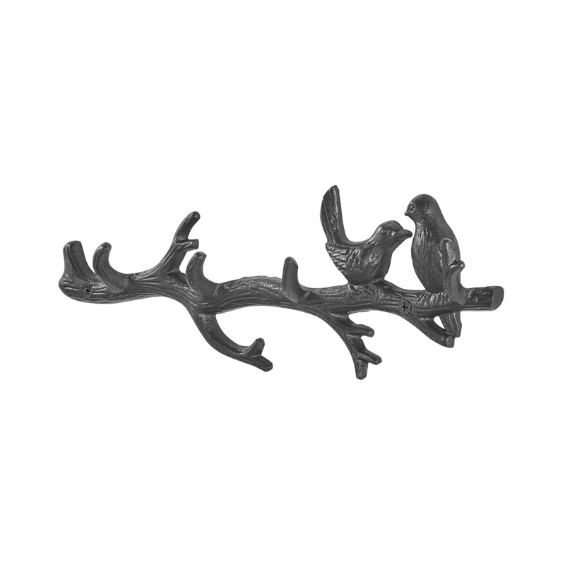 Dark Brown Cast Iron Birds On Tree Branch Decorative Wall Sculpture Utility Hook Unit With 4 Hooks