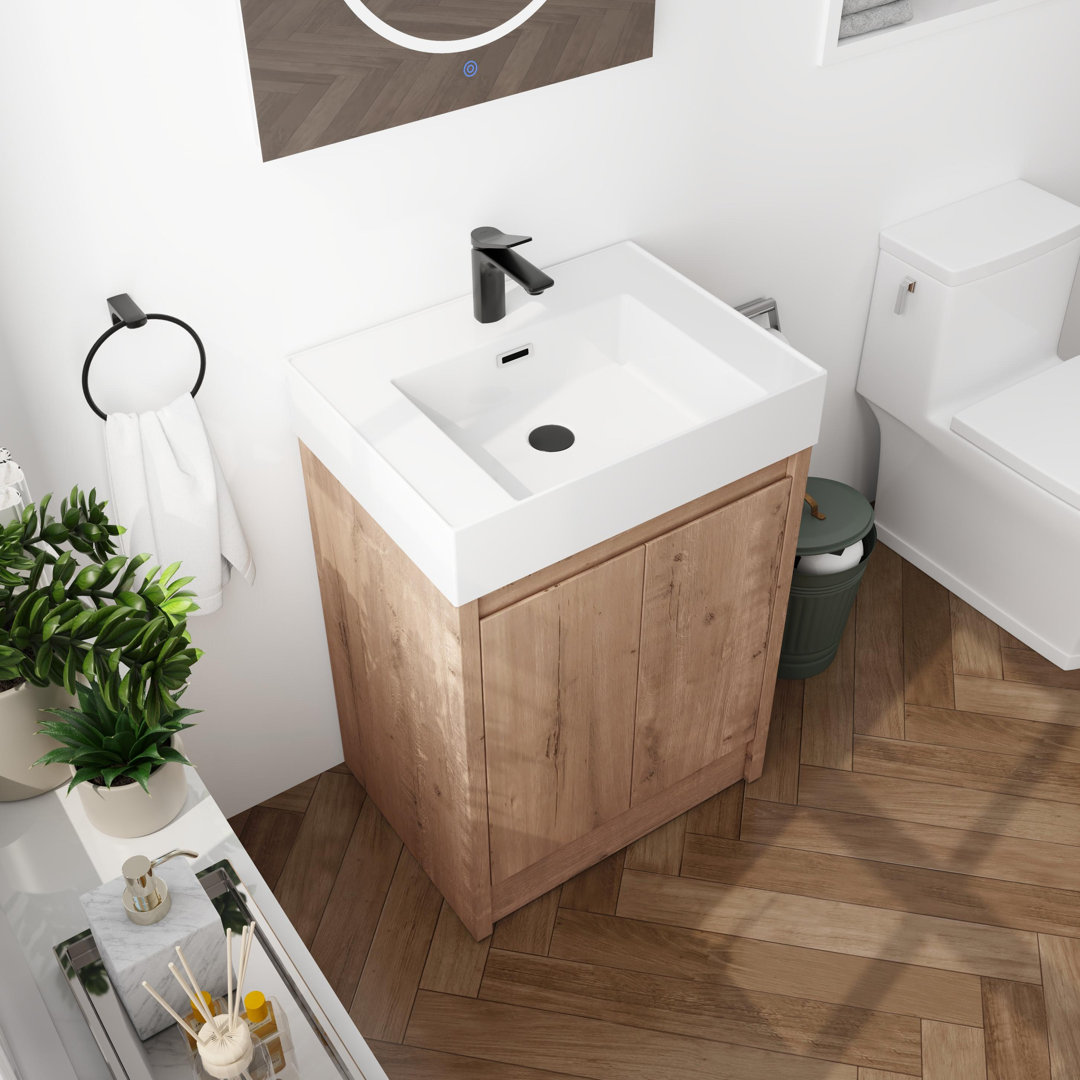 Philant 24" Single Freestanding Bathroom Vanity with Resin Basin Sink Top,Floor Standing Vanity With 2 Doors and 1 Adjustable Shelf Ebern Designs Top 