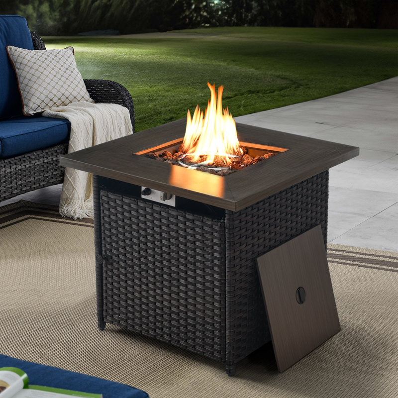 Table de foyer d'extérieur au propane en osier avec couvercle H 25,98 po x l 29,92 po Schutt, Brun