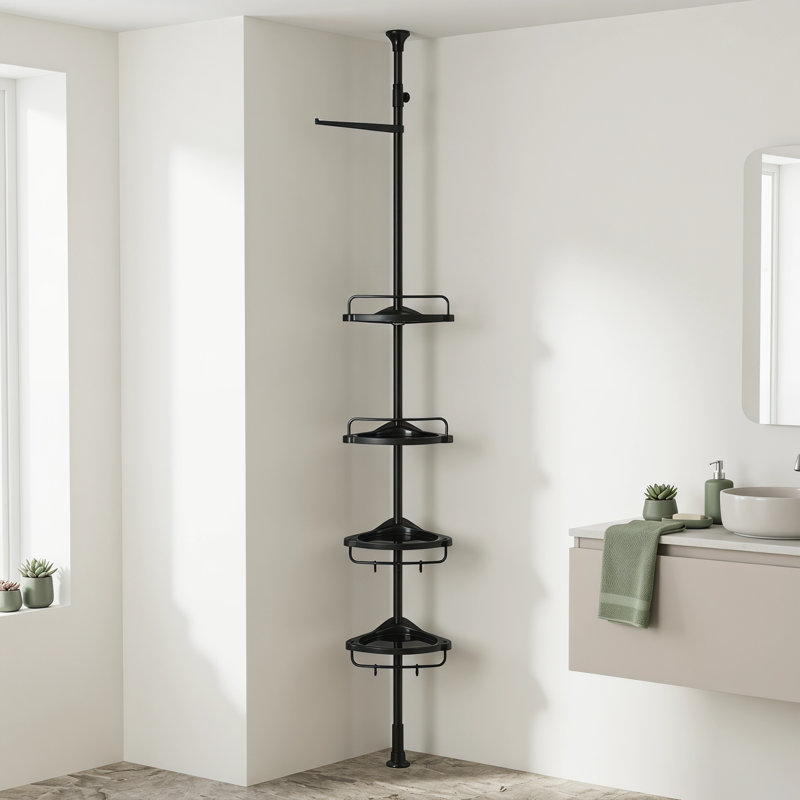 Organisateur de douche en coin, tablette d'angle sur pied, support de rangement de salle de bain réglable à 4 niveaux avec crochets