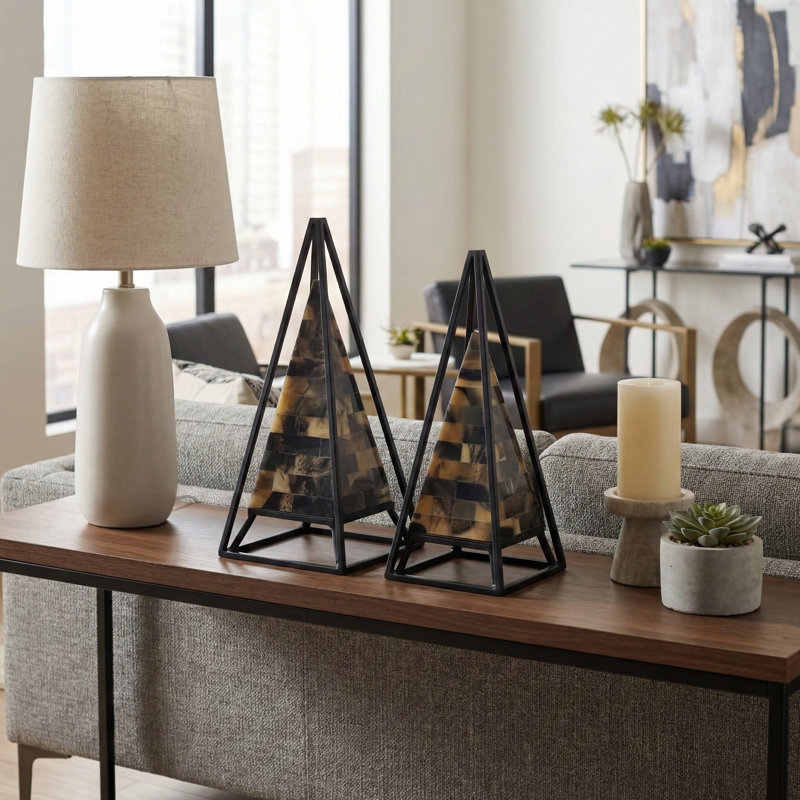 Modern Resin Pyramid Sculpture Objects with Iron Frame for Home Decor - Decorative Accent for Living Room Decoration - Set of 2, 13",12", Tan & Black