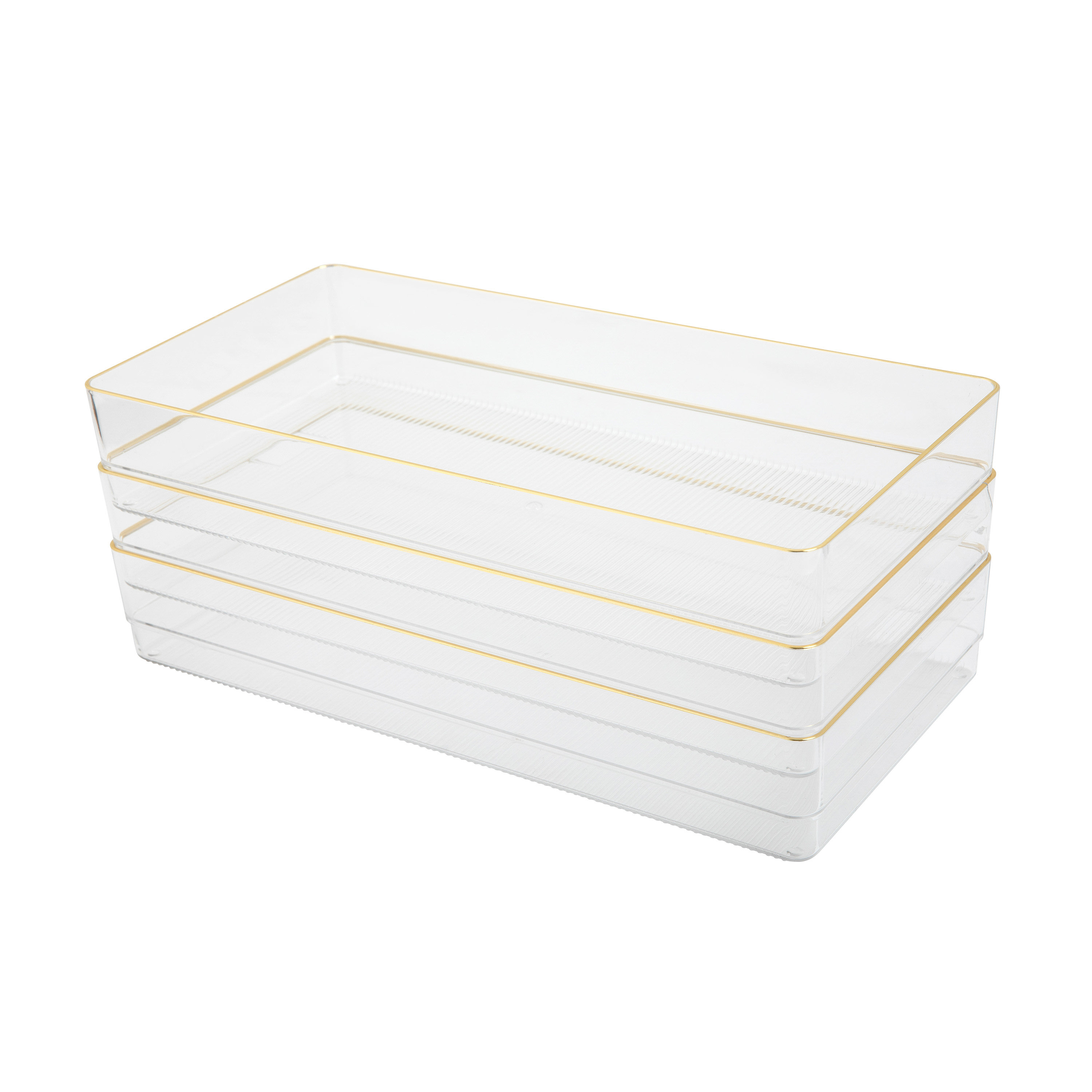 Martha Stewart Kerry Plastic Stackable Office Desk Drawer Organizers, 12 x 3, 6 Pack, with Gold Trim