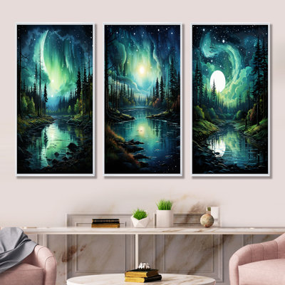 Northern Lights Aurora Reflection I - ensemble de 3 impressions murales sur toile Northern Lights