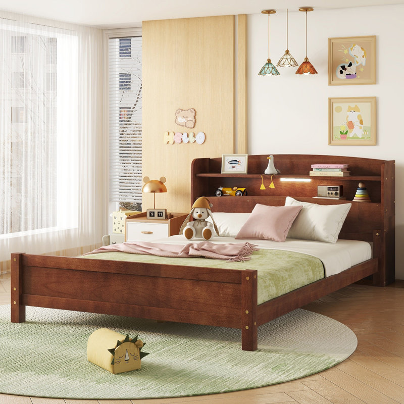 Full Pine Wood Bed With Bookcase Headboard ,LED Motion Sensor Light, Bed Guardrails,Walnut