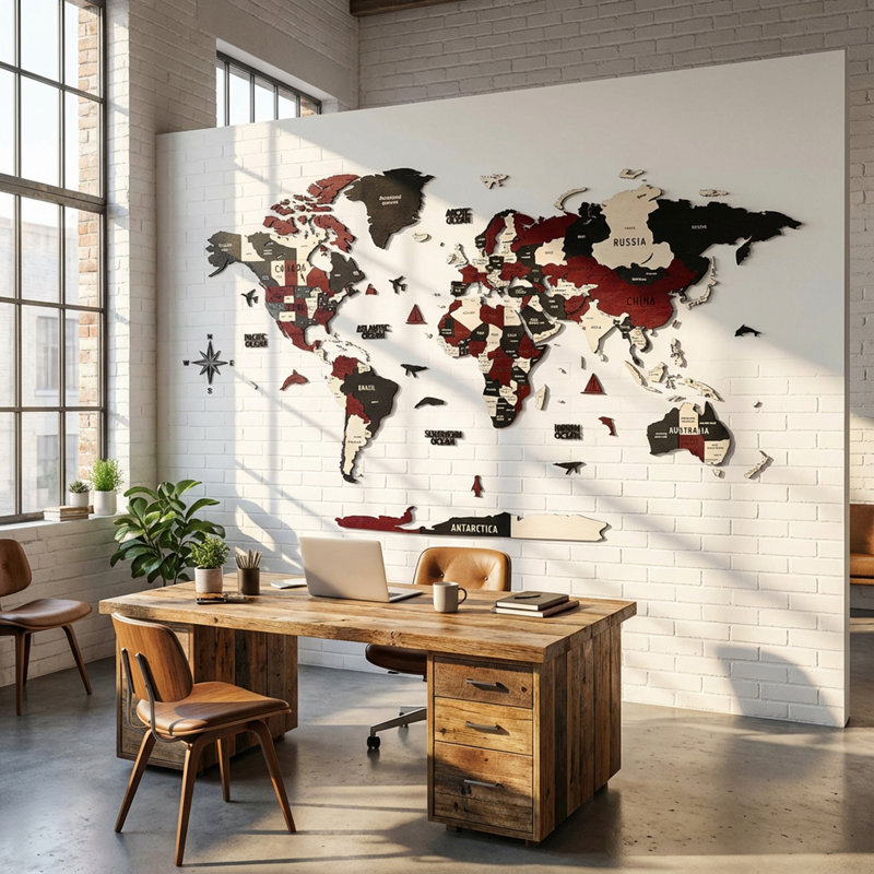 3D Wooden World Push Pin Map – Wall Art Travel Map with Flag Stickers, 21.3" H x 39.4" W x 1" D, Burgundy