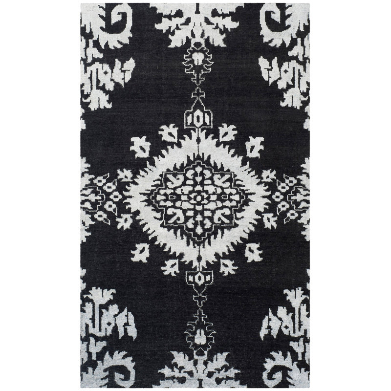 Sabiah Hand Knotted Wool/Viscose/Cotton Oriental Rug in Charcoal, Rectangle 3' x 5'