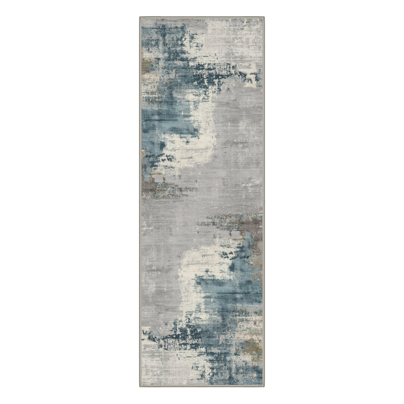 Abstract Watercolor Wash Machine Washable Slate Blue Indoor Area Rug With Non-Slip Backing, Runner 2' x 7'
