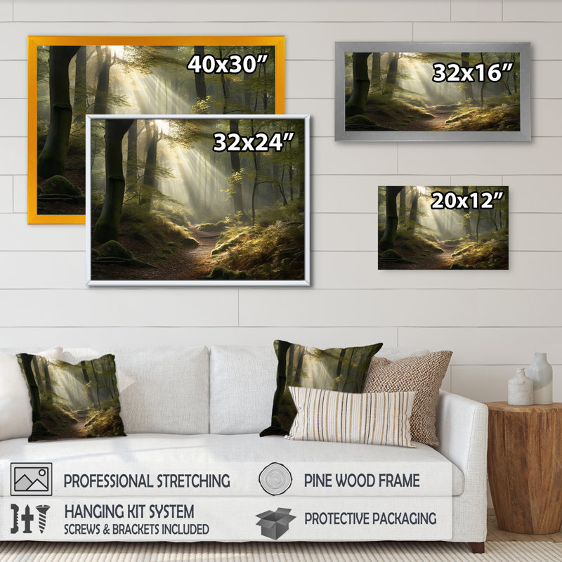 La lumière traverse la forêt III - impression, H 24 po x l 32 po x P 1 po, Cadre flottant doré