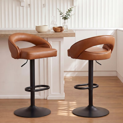 Ensemble de 2 tabourets de bar à hauteur réglable, tabourets de comptoir pivotants en similicuir, tabourets de bar de cuisine rembourrés avec dossier ajouré incurvé, tabourets de pub modernes, brun