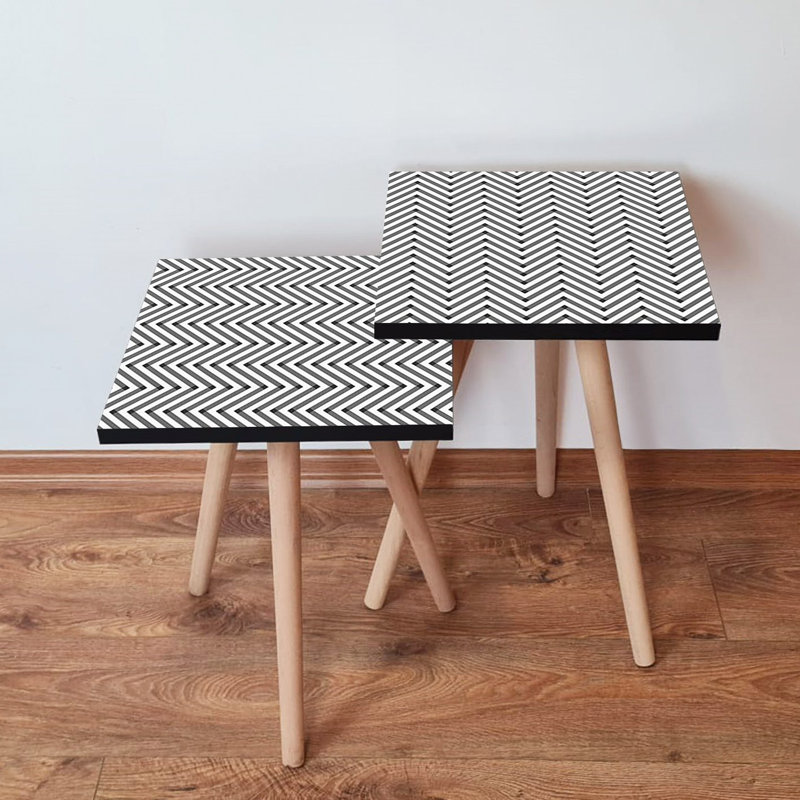 Modern Nesting Table Set (2 Pieces), Black & White Chevron Design, 13.8 x 18.5 x 13.8 inches & 13.8 x 16.5 x 13.8 inches | 100% MDF with Beech Wood Legs, Stylish & Functional for Home Décor & Living Spaces