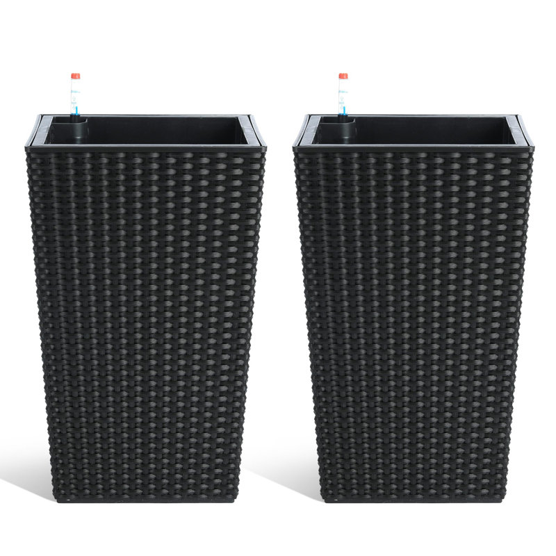 16 Inch Tall Rattan Planter Set of 2, Large Self-Watering Pot with Water Level Monitor Outdoor and Indoor for Patio, Porch, Living Room, or Home Office