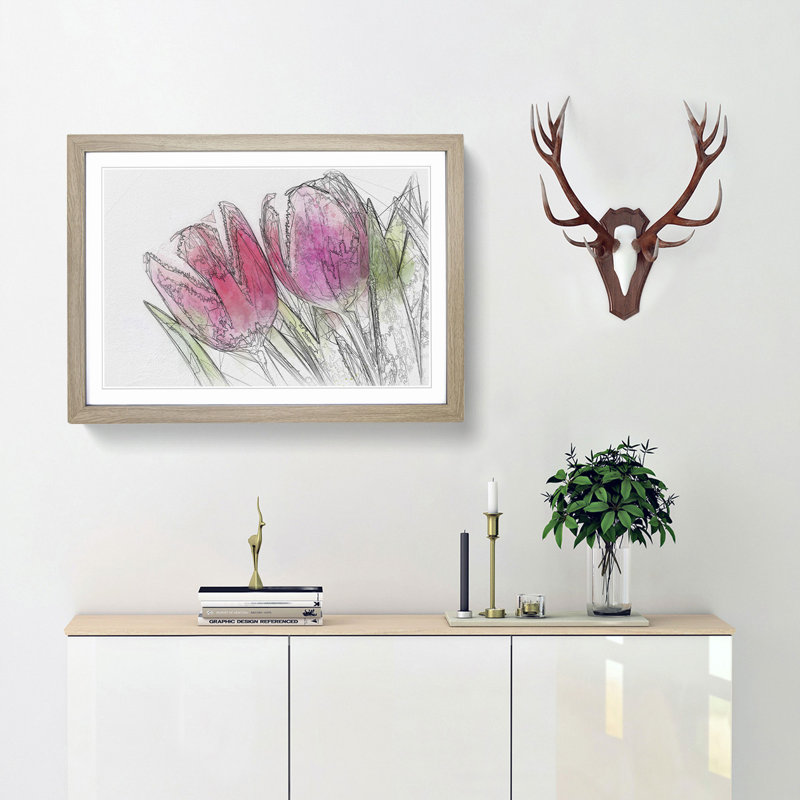 Pair of Pink Tulip Flowers in Abstract - Picture Frame Drawing Print, Oak Framed, 48cm H x 65cm W x 2cm D