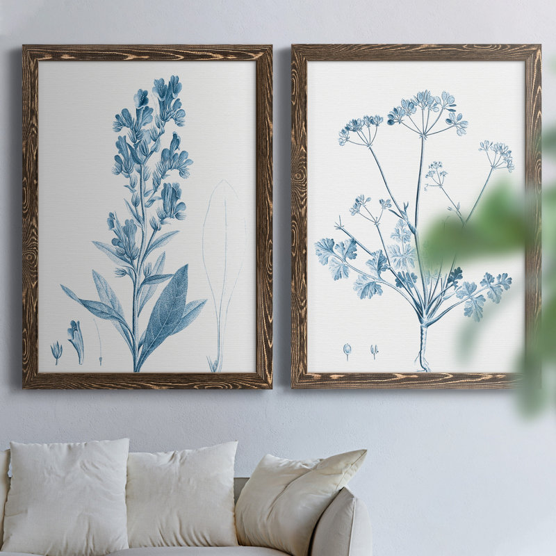 "Antique Botanical In Blue III", ensemble de 2 peintures sur toile encadrées, H 37,5 po x l 55 po x P 1,5 po