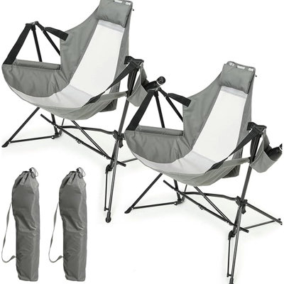 Chaise pliante portative, fauteuil inclinable à dossier réglable pour la terrasse, chaise grise 2 pièces, berçant de camping avec coussin, pratique