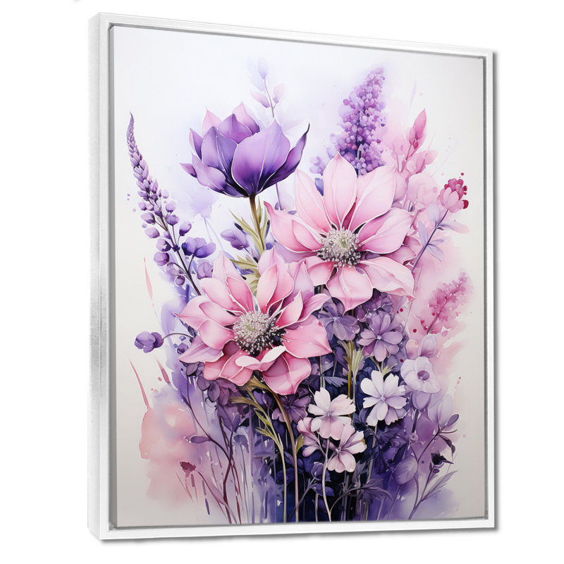 Fleurs de coquelicots roses et mauves - décor d'art mural coquelicot, Cadre flottant blanc, bois massif, H 32 po x l 16 po