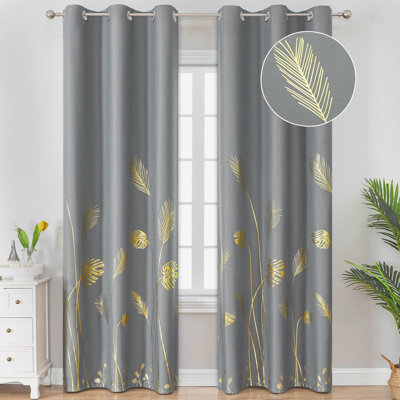 Gold Wheat And Leaf Printed Curtains Light Blocking Curtains Thermal Insulated Blackout Curtains Elegant Drapes For Bedroom, 42Wx63l, Beige, 2 Drapes