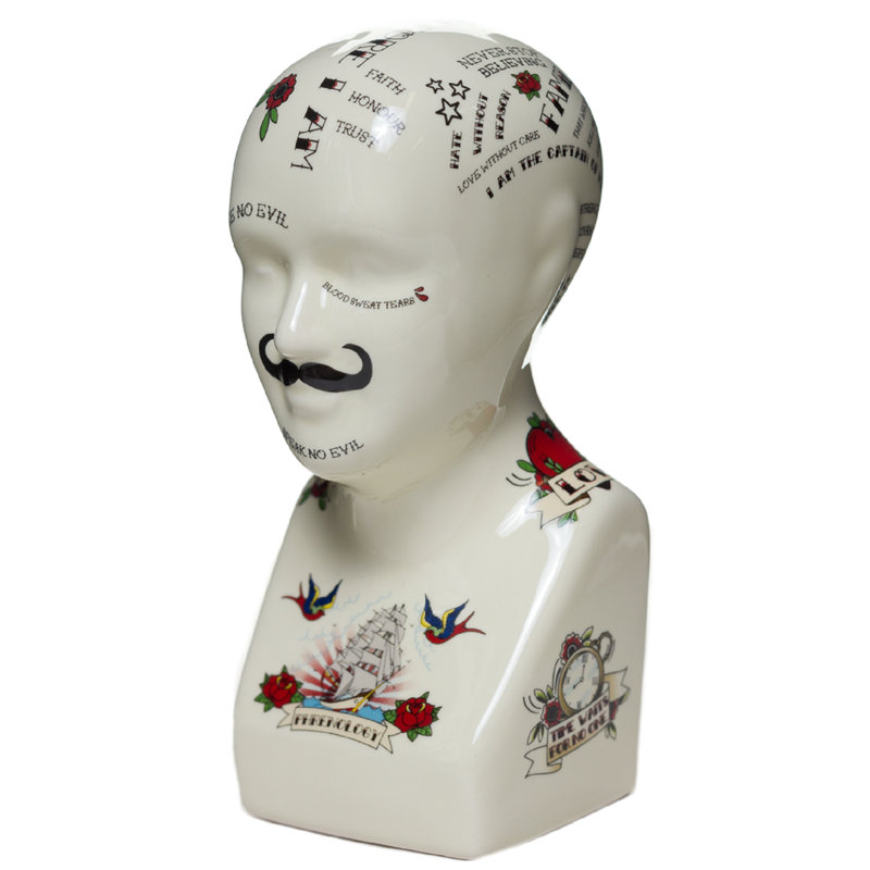 Modern Lancaer Tattooed Phrenology Head Bust – Artistic Head Sculpture Accent for Desk, Shelf and Interior Decor