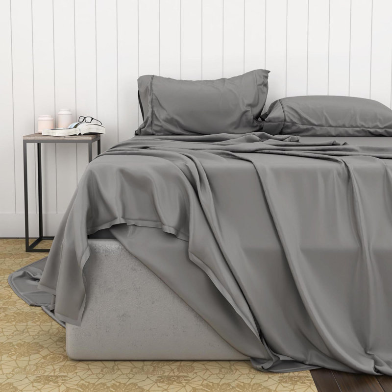 Draps en rayonne de bambou doux et lisses, Ensemble de draps pour lit double + 6 pièces supp, Blanc / Anthracite