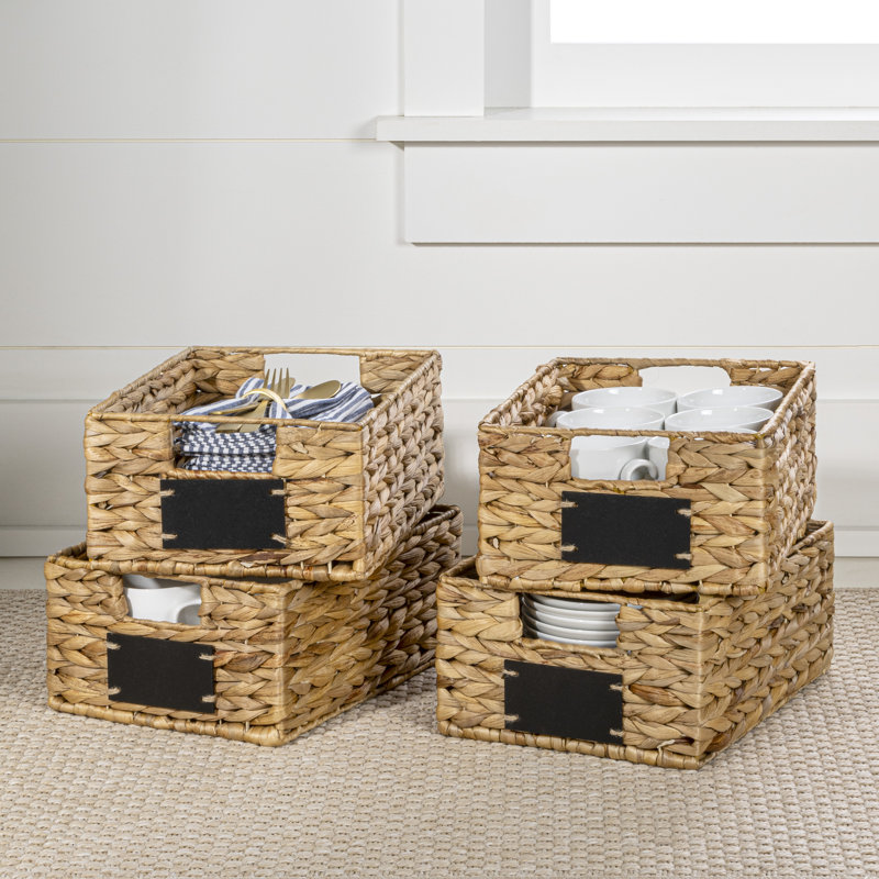 Lane 12" Classic Farmhouse Handwoven Hyacinth Pantry Baskets with Chalkboard Labels and Handles, Natural